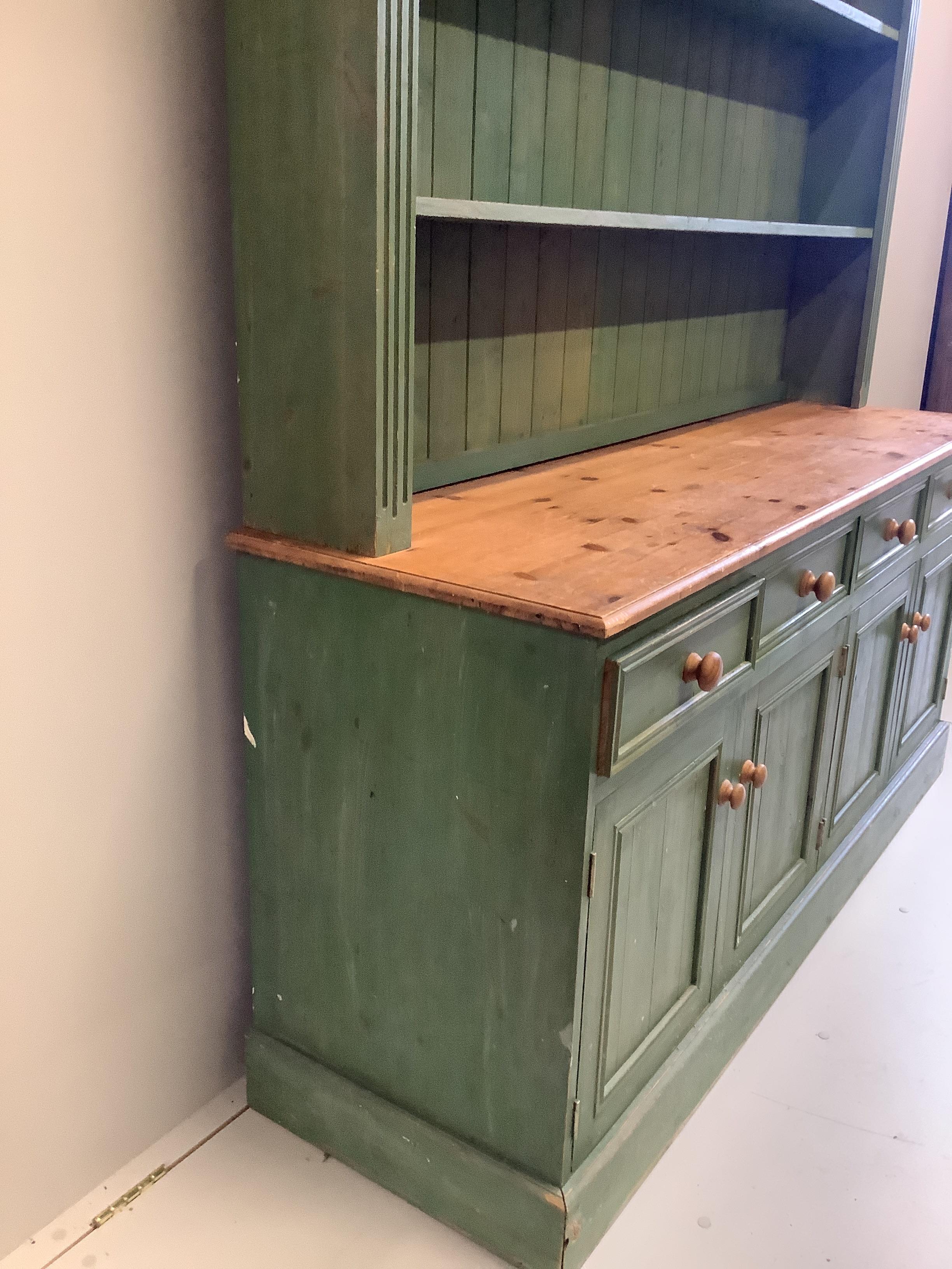A Victorian style part painted pine dresser with boarded rack, width 172cm, depth 50cm, height 198cm